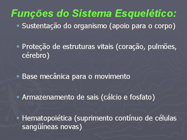 Funções do Sistema Esquelético: § Sustentação do organismo (apoio para o corpo) § Proteção