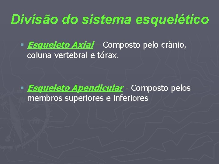 Divisão do sistema esquelético § Esqueleto Axial – Composto pelo crânio, coluna vertebral e