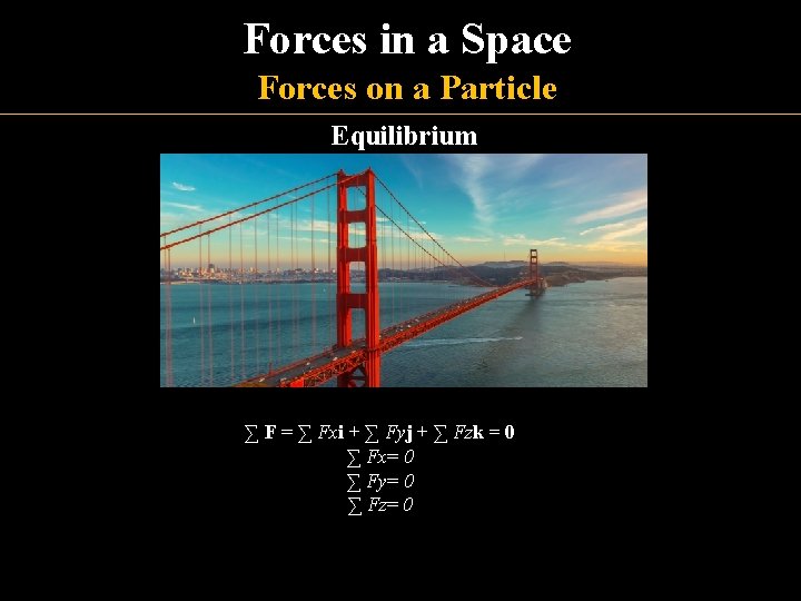 Forces in a Space Forces on a Particle Equilibrium ∑ F = ∑ Fxi