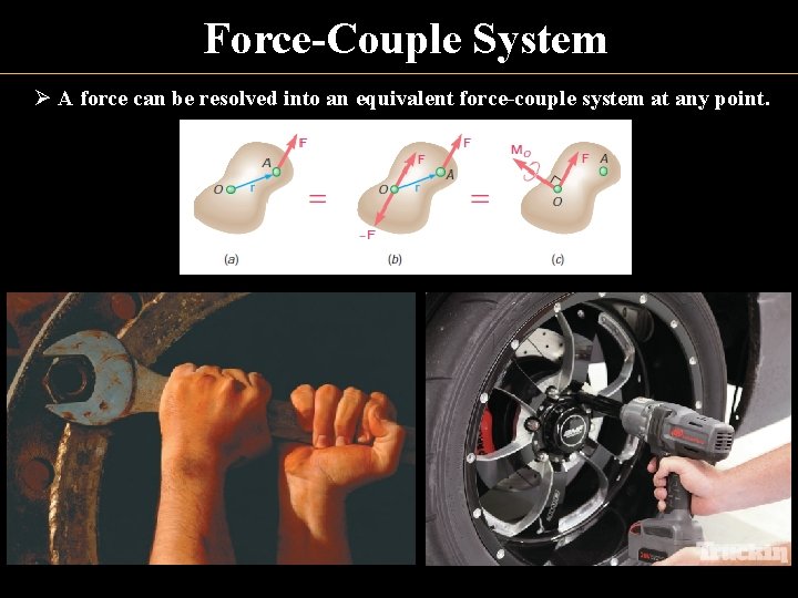 Force-Couple System Ø A force can be resolved into an equivalent force-couple system at
