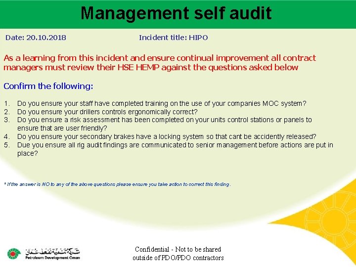 Management self audit Main contractor name – LTI# - Date of incident Date: 20.