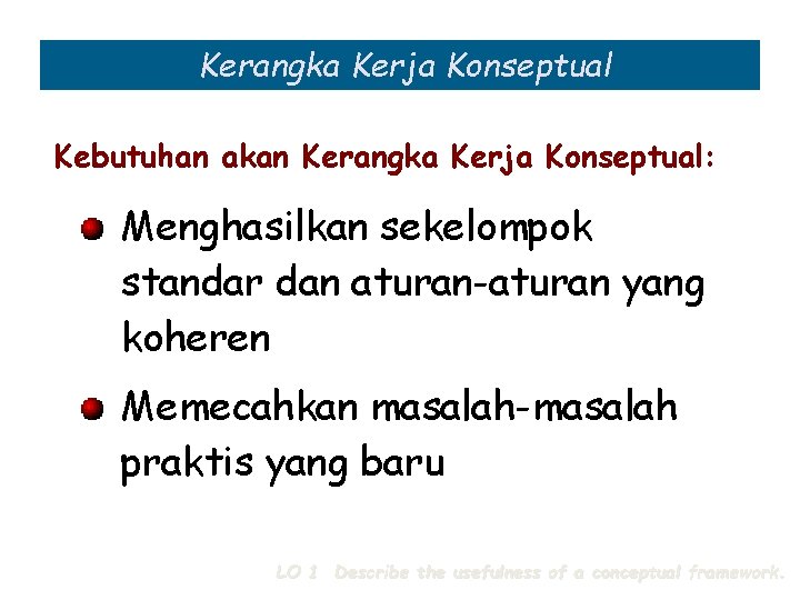 Kerangka Kerja Konseptual Kebutuhan akan Kerangka Kerja Konseptual: Menghasilkan sekelompok standar dan aturan-aturan yang