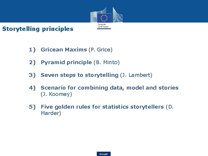 Storytelling principles 1) Gricean Maxims (P. Grice) 2) Pyramid principle (B. Minto) 3) Seven