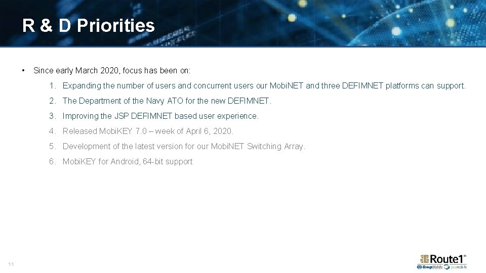 R & D Priorities • Since early March 2020, focus has been on: 1.