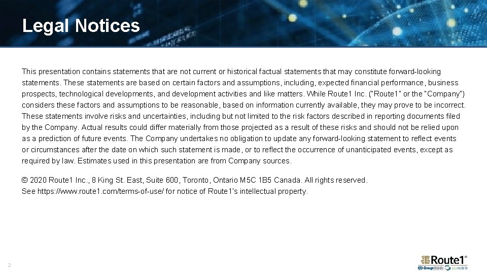 Legal Notices This presentation contains statements that are not current or historical factual statements