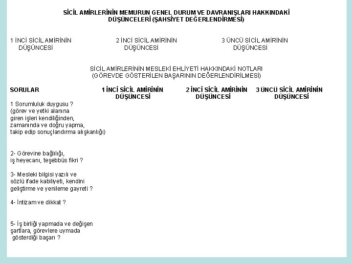 SİCİL AMİRLERİNİN MEMURUN GENEL DURUM VE DAVRANIŞLARI HAKKINDAKİ DÜŞÜNCELERİ (ŞAHSİYET DEĞERLENDİRMESİ) 1 İNCİ SİCİL SİCİL AMİRLERİNİN MEMURUN GENEL DURUM VE DAVRANIŞLARI HAKKINDAKİ DÜŞÜNCELERİ (ŞAHSİYET DEĞERLENDİRMESİ) 1 İNCİ SİCİL