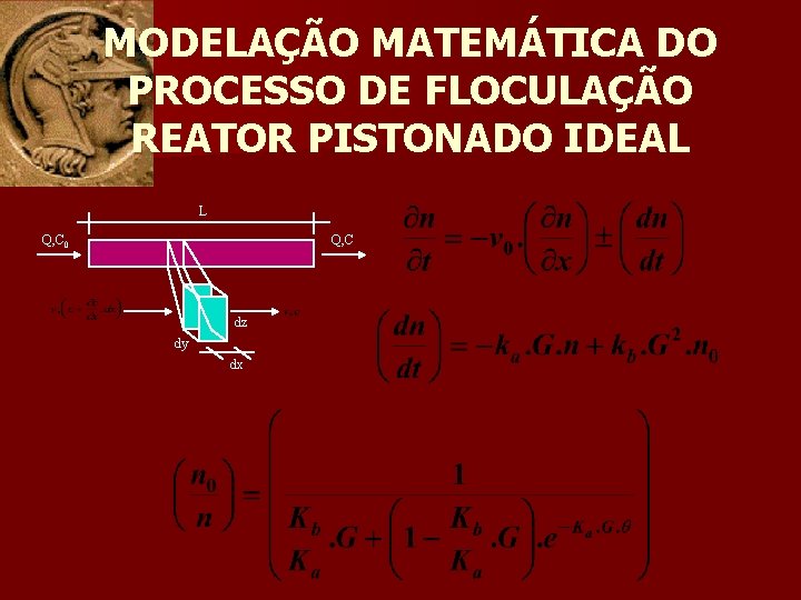 MODELAÇÃO MATEMÁTICA DO PROCESSO DE FLOCULAÇÃO REATOR PISTONADO IDEAL L Q, C 0 Q,