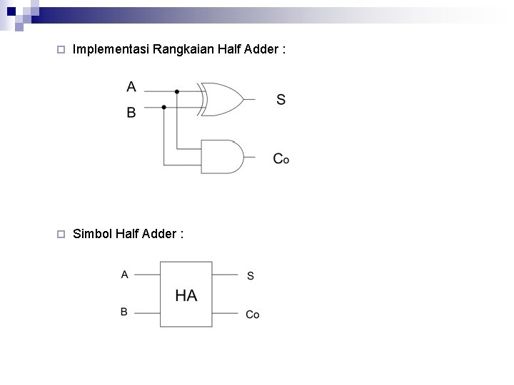 ¨ Implementasi Rangkaian Half Adder : ¨ Simbol Half Adder : 