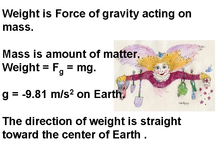 Weight is Force of gravity acting on mass. Mass is amount of matter. Weight