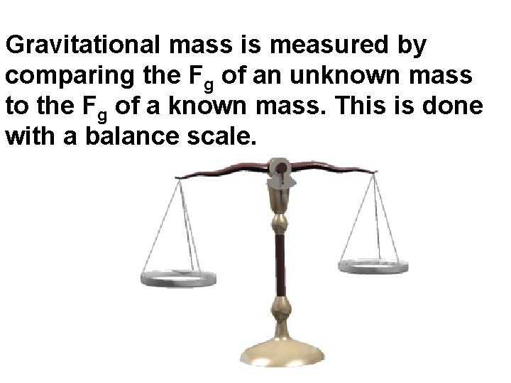 Gravitational mass is measured by comparing the Fg of an unknown mass to the