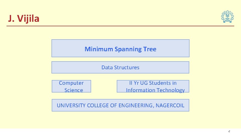J. Vijila Minimum Spanning Tree Data Structures Computer Science II Yr UG Students in