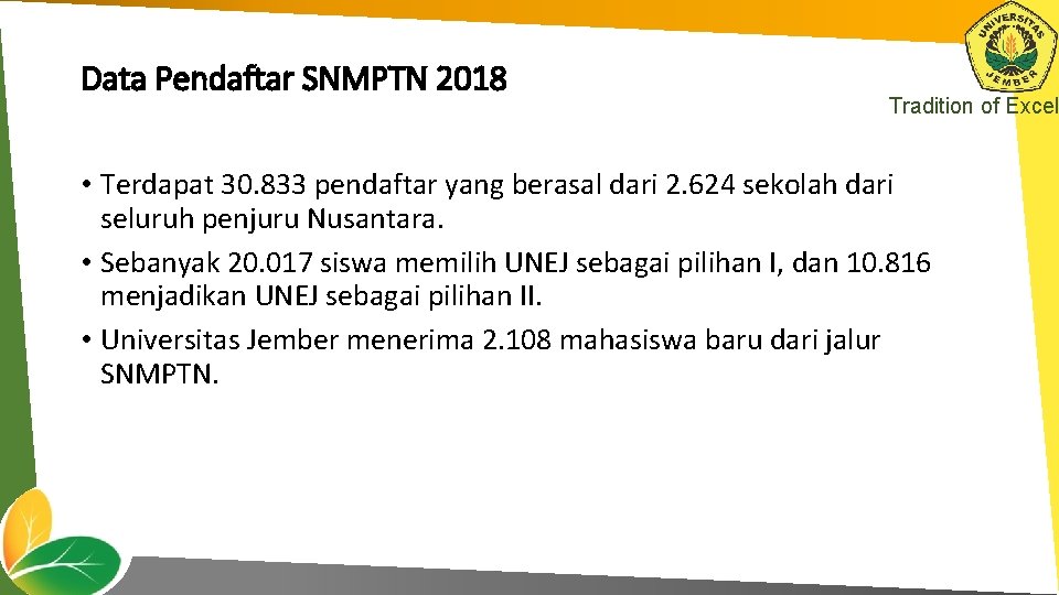 Data Pendaftar SNMPTN 2018 Tradition of Excel • Terdapat 30. 833 pendaftar yang berasal