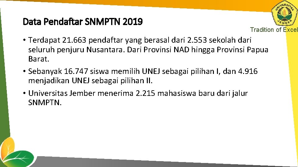 Data Pendaftar SNMPTN 2019 Tradition of Excel • Terdapat 21. 663 pendaftar yang berasal