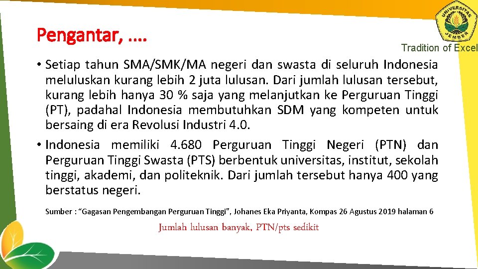 Pengantar, . . Tradition of Excel • Setiap tahun SMA/SMK/MA negeri dan swasta di