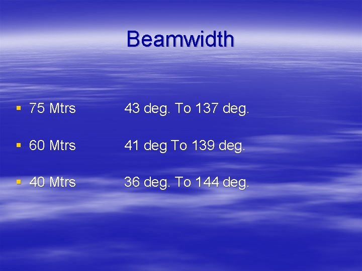 Beamwidth § 75 Mtrs 43 deg. To 137 deg. § 60 Mtrs 41 deg