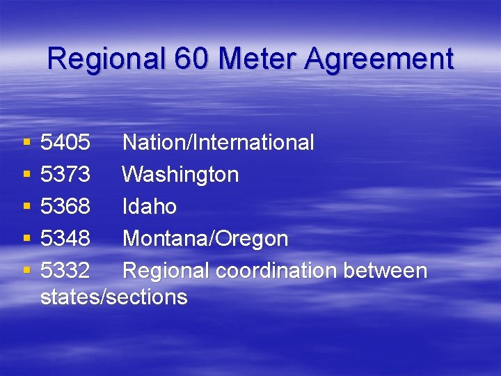 Regional 60 Meter Agreement § § § 5405 Nation/International 5373 Washington 5368 Idaho 5348