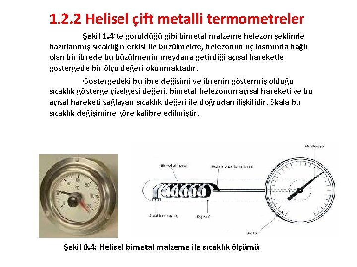 1. 2. 2 Helisel çift metalli termometreler Şekil 1. 4’te görüldüğü gibi bimetal malzeme