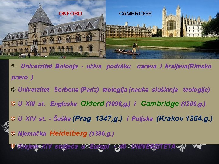 OKFORD CAMBRIDGE Univerzitet Bolonja - uživa podršku careva i kraljeva(Rimsko pravo ) Univerzitet Sorbona
