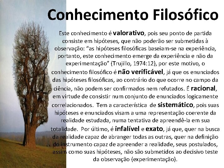 Conhecimento Filosófico Este conhecimento é valorativo, pois seu ponto de partida consiste em hipóteses,