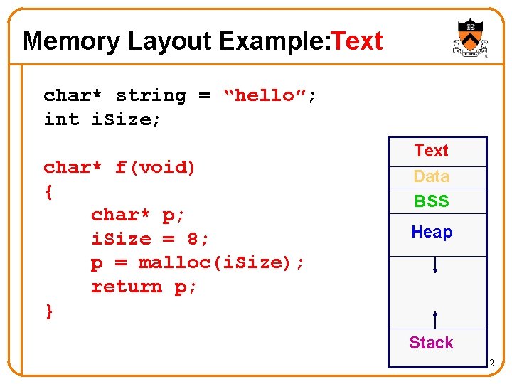 Memory Layout Example: Text char* string = “hello”; int i. Size; char* f(void) {