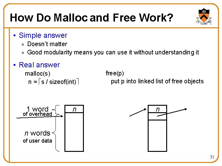 How Do Malloc and Free Work? • Simple answer o Doesn’t matter o Good