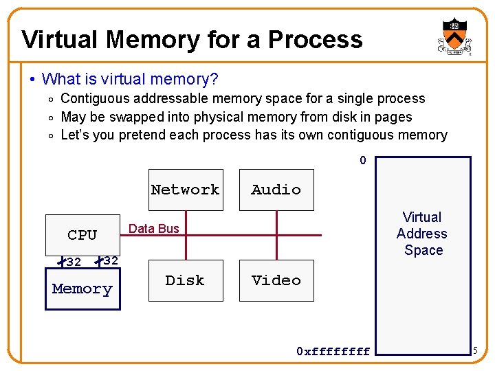 Virtual Memory for a Process • What is virtual memory? o Contiguous addressable memory