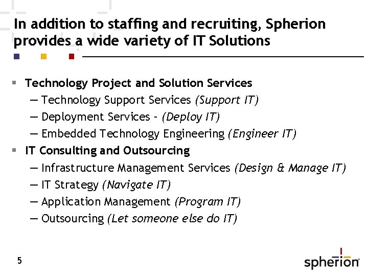 In addition to staffing and recruiting, Spherion provides a wide variety of IT Solutions