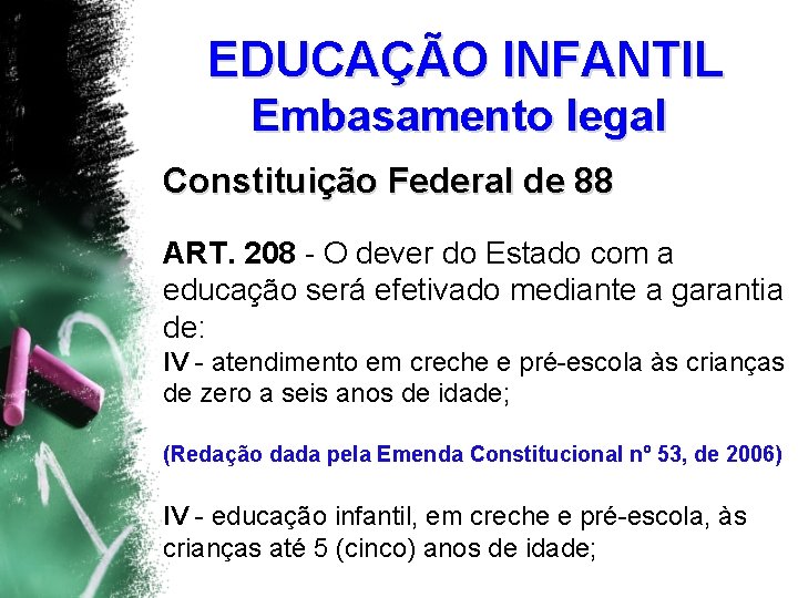 EDUCAÇÃO INFANTIL Embasamento legal Constituição Federal de 88 ART. 208 - O dever do