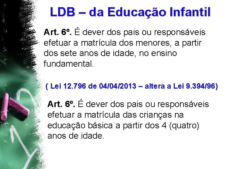 LDB – da Educação Infantil Art. 6º. É dever dos pais ou responsáveis efetuar