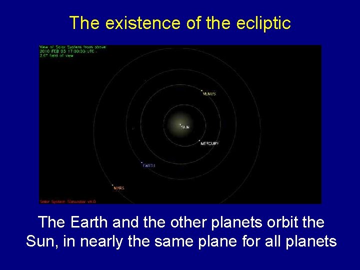 The existence of the ecliptic The Earth and the other planets orbit the Sun,