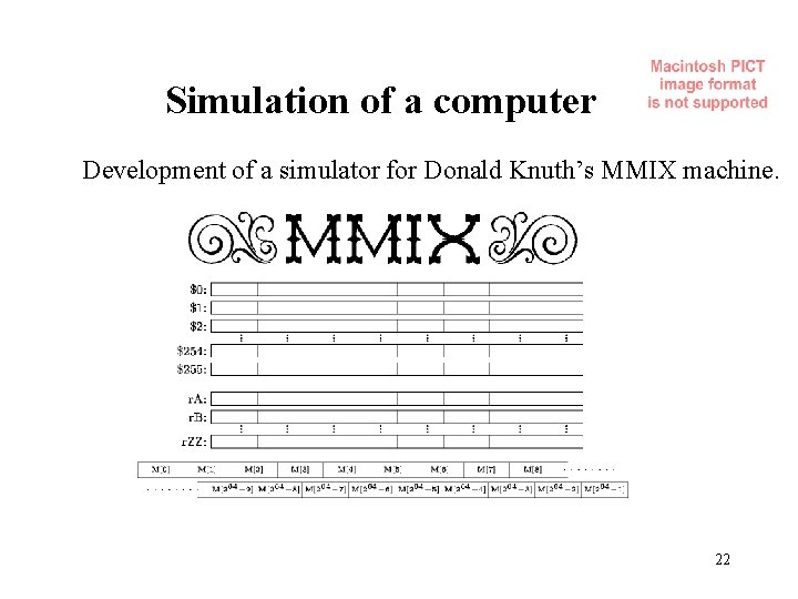 Simulation of a computer Development of a simulator for Donald Knuth’s MMIX machine. 22 Simulation of a computer Development of a simulator for Donald Knuth’s MMIX machine. 22