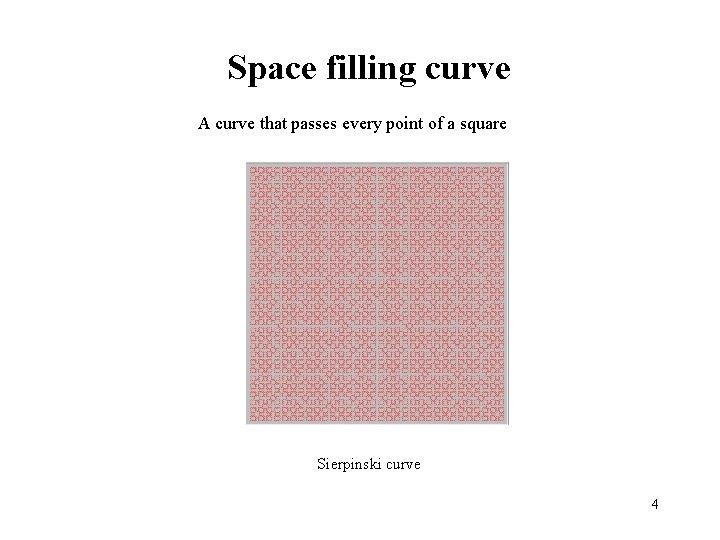 Space filling curve A curve that passes every point of a square Sierpinski curve Space filling curve A curve that passes every point of a square Sierpinski curve