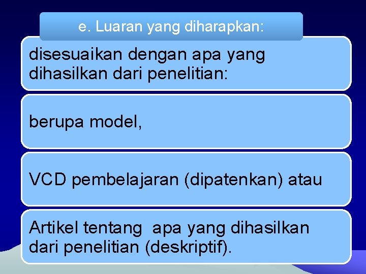 e. Luaran yang diharapkan: disesuaikan dengan apa yang dihasilkan dari penelitian: berupa model, VCD