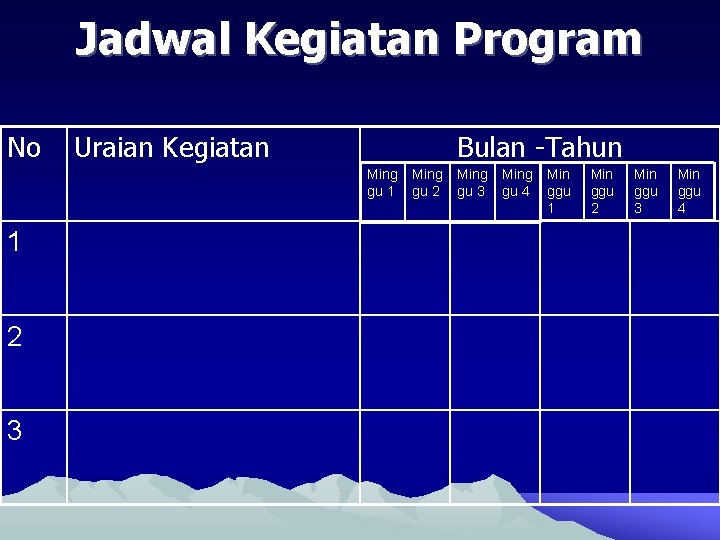 Jadwal Kegiatan Program No Uraian Kegiatan Bulan -Tahun Ming gu 1 1 2 3