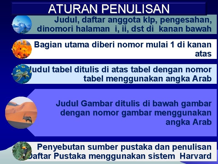 ATURAN PENULISAN Judul, daftar anggota klp, pengesahan, dinomori halaman i, ii, dst di kanan