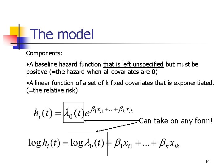 The model Components: • A baseline hazard function that is left unspecified but must