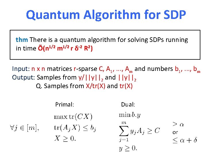 Quantum Algorithm for SDP thm There is a quantum algorithm for solving SDPs running