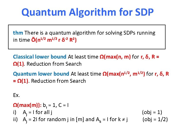 Quantum Algorithm for SDP thm There is a quantum algorithm for solving SDPs running