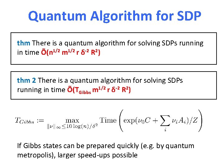 Quantum Algorithm for SDP thm There is a quantum algorithm for solving SDPs running