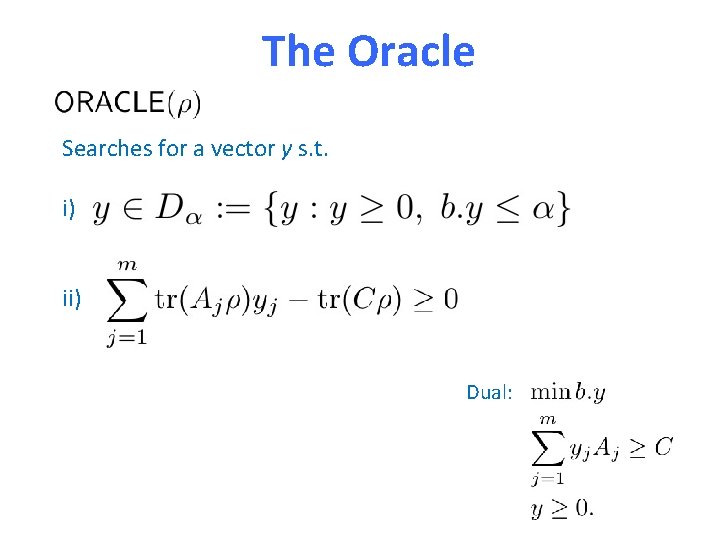 The Oracle Searches for a vector y s. t. i) ii) Dual: 