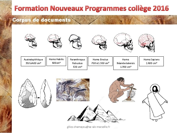 Formation Nouveaux Programmes collège 2016 Corpus de documents Australopithèque 350 à 400 cm 3