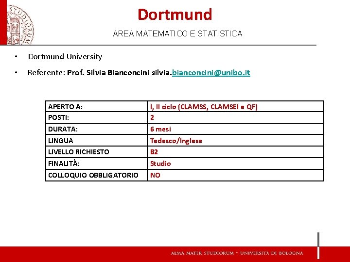 Dortmund AREA MATEMATICO E STATISTICA • Dortmund University • Referente: Prof. Silvia Bianconcini silvia.