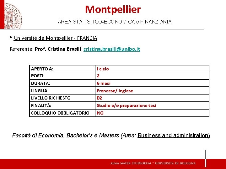 Montpellier AREA STATISTICO-ECONOMICA e FINANZIARIA • Université de Montpellier - FRANCIA Referente: Prof. Cristina