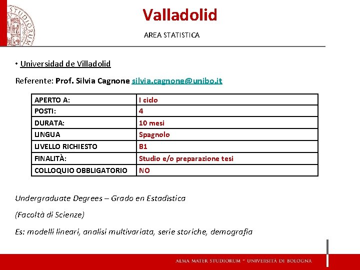 Valladolid AREA STATISTICA • Universidad de Villadolid Referente: Prof. Silvia Cagnone silvia. cagnone@unibo. it