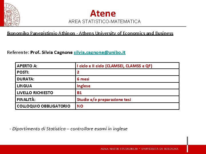 Atene AREA STATISTICO-MATEMATICA Ikonomiko Panepistimio Athinon - Athens University of Economics and Business Referente: Atene AREA STATISTICO-MATEMATICA Ikonomiko Panepistimio Athinon - Athens University of Economics and Business Referente:
