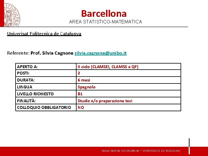 Barcellona AREA STATISTICO-MATEMATICA Univerisat Politecnica de Catalunya Referente: Prof. Silvia Cagnone silvia. cagnone@unibo. it