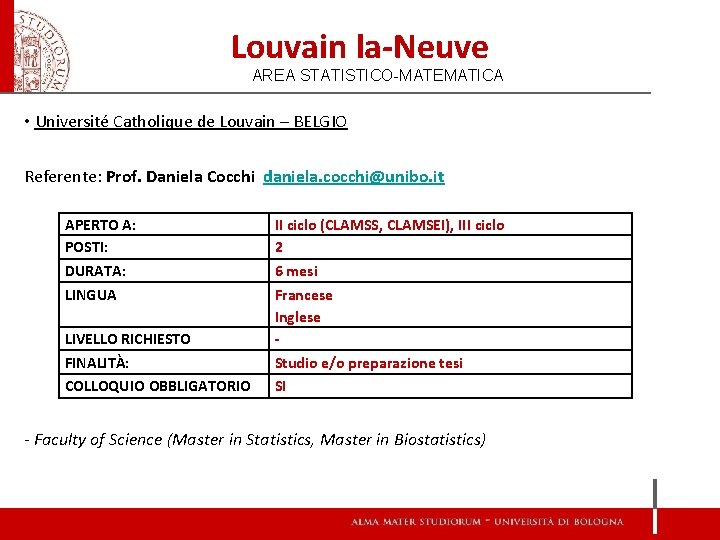 Louvain la-Neuve AREA STATISTICO-MATEMATICA • Université Catholique de Louvain – BELGIO Referente: Prof. Daniela Louvain la-Neuve AREA STATISTICO-MATEMATICA • Université Catholique de Louvain – BELGIO Referente: Prof. Daniela