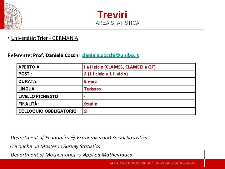 Treviri AREA STATISTICA • Universität Trier - GERMANIA Referente: Prof. Daniela Cocchi daniela. cocchi@unibo.