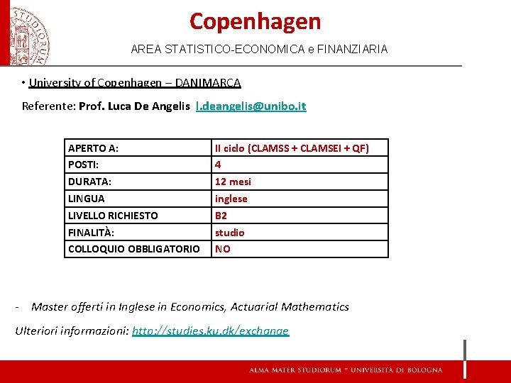 Copenhagen AREA STATISTICO-ECONOMICA e FINANZIARIA • University of Copenhagen – DANIMARCA Referente: Prof. Luca