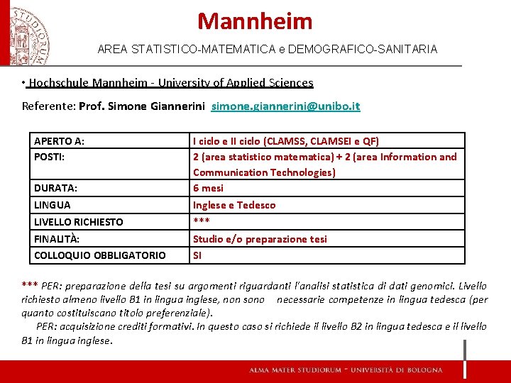 Mannheim AREA STATISTICO-MATEMATICA e DEMOGRAFICO-SANITARIA • Hochschule Mannheim - University of Applied Sciences Referente: